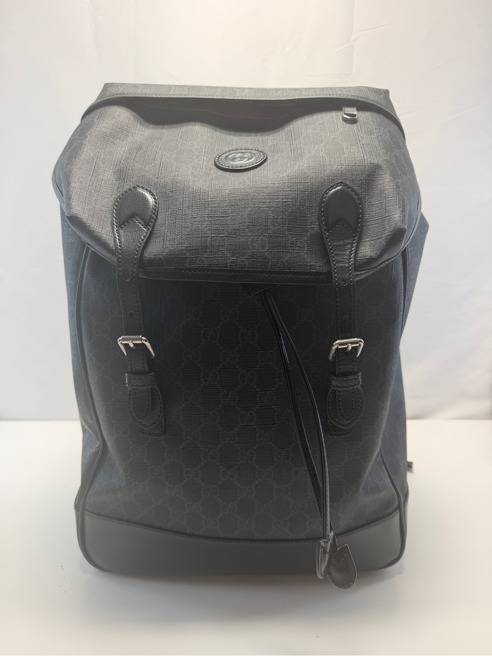 Gucci Black Monogram Leather-Trim Backpack